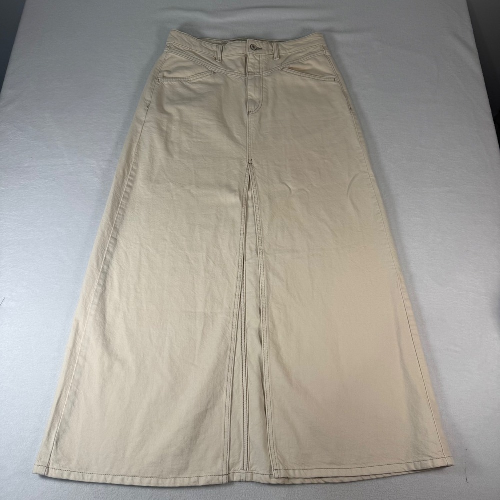 We The Free Denim Maxi Skirt Womens 10 Tan Cotton Boho Slit High Rise Long Skirt